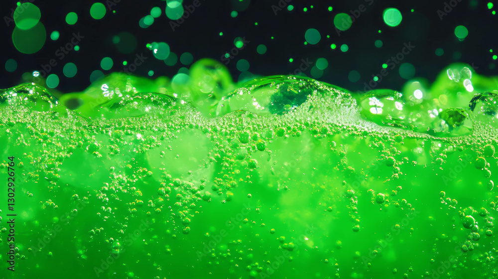 Poster bright lime green soda texture with effervescent bubbles for refreshing beverage concepts