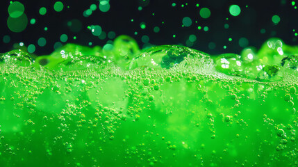 Bright lime green soda texture with effervescent bubbles for refreshing beverage concepts