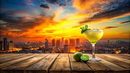 Obraz premium Sunset City Skyline Margarita Cocktail - Refreshing Summer Drink on Wooden Table
