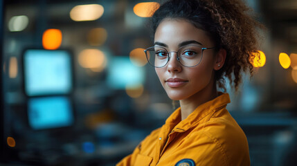 Obraz premium Sustainable manufacturing engineers configuring AI-powered carbon-neutral factory equipment, refining real-time renewable energy optimization
