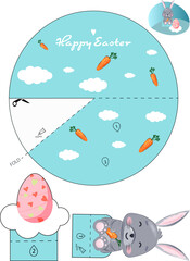 3D Easter card. Vector card for creativity on the theme of Easter with a rabbit and a carrot. This card can be cut out and glued with children or loved ones.