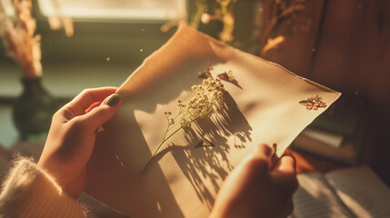 Romantic Handwritten Letter Held by Woman in Vintage Lace – Nostalgic Love Note and Sentimental Moment in Warm Golden Light