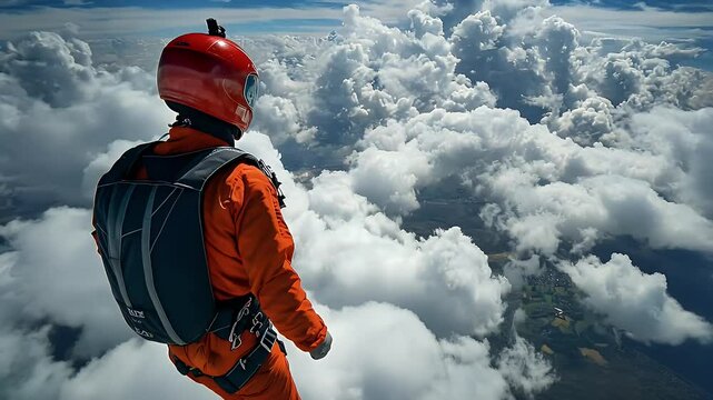 High Angle Shot Of A Person Wearing Orange Jumpsuit And Red Helmet With A Backpack Gliding Down Through The White Clouds And Blue Sky During Daylight With Green Landscape Below
