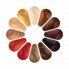 realistic complete set of different hair colors locks in rounded shape isolated on white background