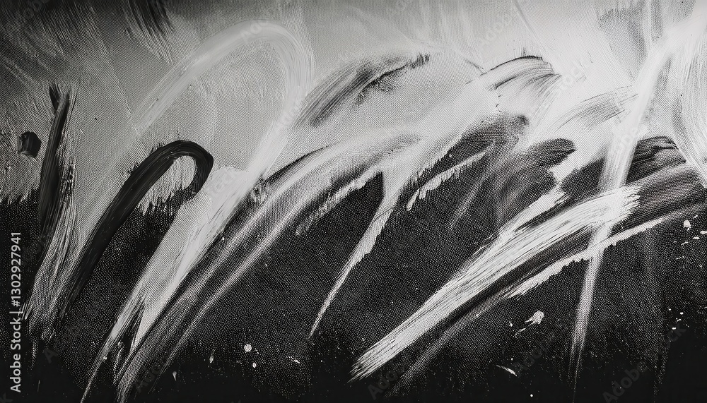 Poster monochrome abstract brushstroke texture with dynamic black and white paint swirls on canvas, perfect
