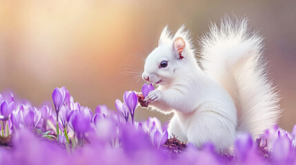 Springtime delight white squirrel among crocuses nature scene