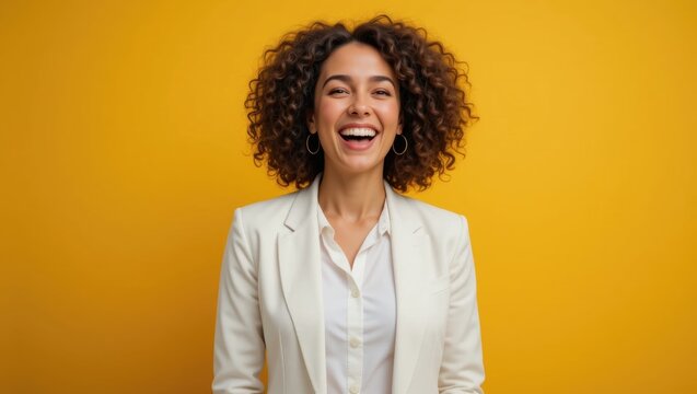 Cheerful Young Woman in Business Attire Smiling Against a Bright Yellow Background