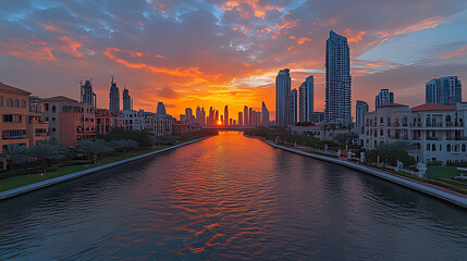 Obraz premium Sunset Canal Cityscape, Buildings, Reflection, Skyline, Dramatic Sky, Dubai, Waterfront, Evening, Travel, Postcard