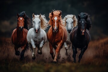 Obraz premium Majestic Horse Gallop: A stunning image of five powerful horses, with flowing manes and muscular bodies, galloping across a grassy field, showcasing freedom and beauty. 