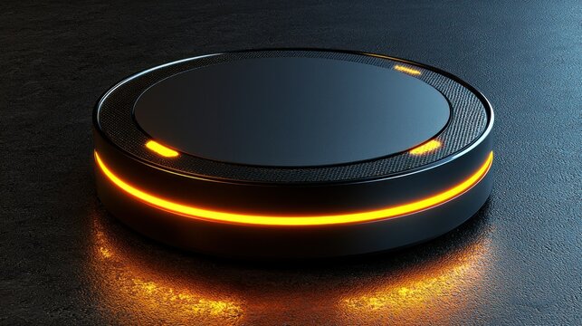 Futuristic black disc glowing orange on dark surface