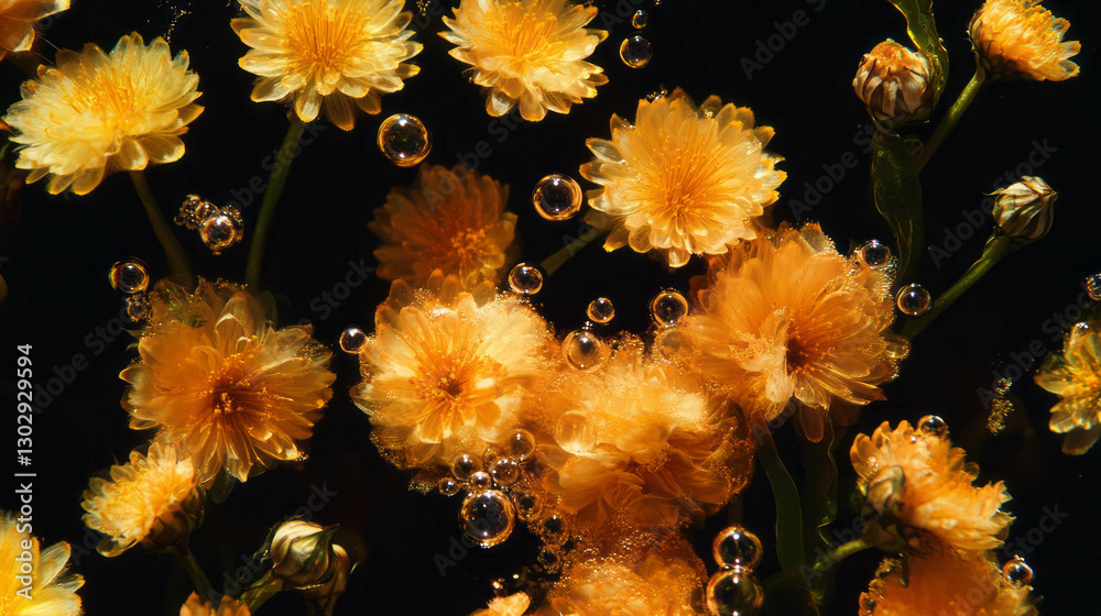 Poster vibrant dandelion and burdock soda with effervescent bubbles texture