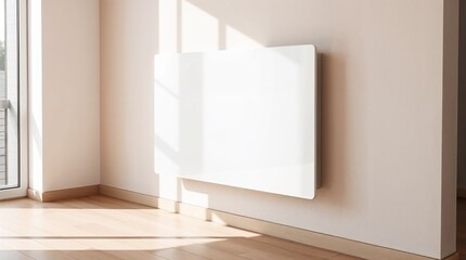 Infrared Glossy White Wall Heating Panel in a Bright Room with Sunlight