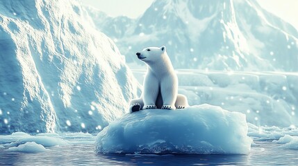 Fototapeta premium A majestic polar bear sits atop an iceberg surrounded by a serene and icy landscape under a snowy sky