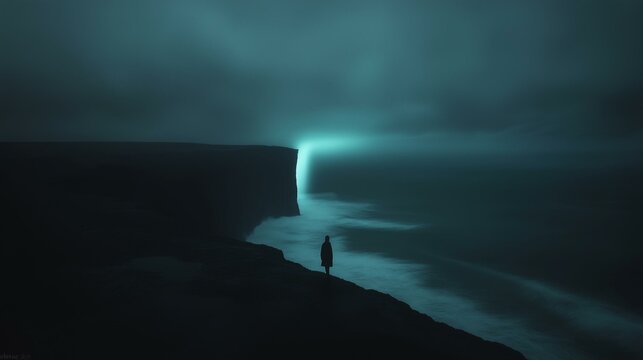 A solitary figure stands on a cliff edge gazing into an eerie glowing abyss under a stormy sky