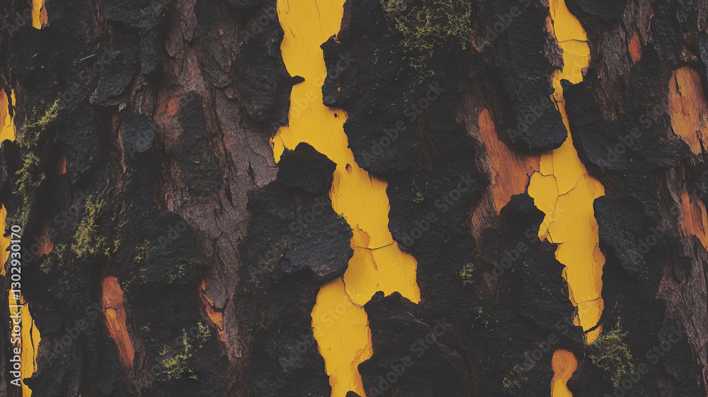 Poster unique overlay texture of dark brown tree bark with deep crevices and yellow background for organic 