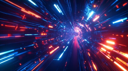 Obraz premium Abstract flight in retro neon hyper warp space in the tunnel 3d illustration. Abstract blue background with neon rays, flashes of light, faces, and lines