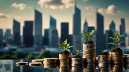 Growing investments: Stacks of coins with plants against a city skyline symbolize financial growth.