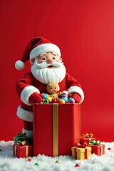 A jolly Santa Claus figure cheerfully places colorful ornaments and a gingerbread man into a large gift box surrounded by smaller presents, creating a festive winter scene.