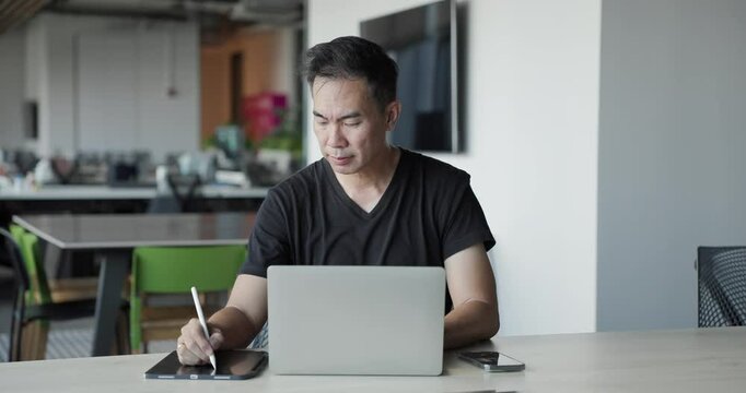 Asian businessman burn out on failed job in office. Elderly office worker expresses emotions Failed to work No success. Financial Communication Business problem. Working too hard overtime