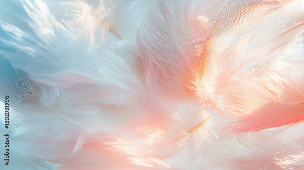 Poster dreamy overlay texture of delicate bird feathers in soft pastels for artistic design