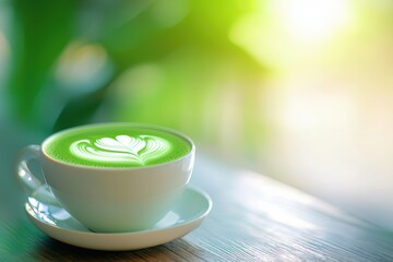 A serene cup of green tea latte with heart art sits on a wooden table, surrounded by soft, natural light and lush greenery.