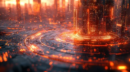 Futuristic portal over fiery cityscape