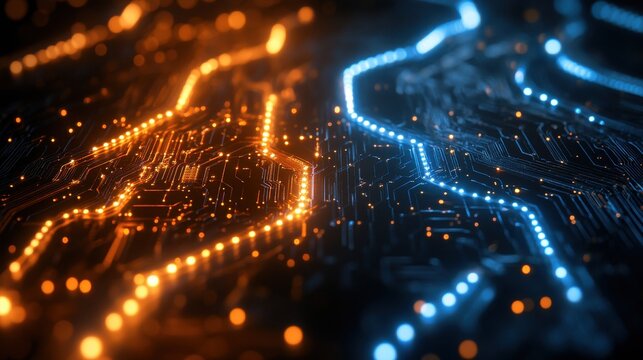 futuristic digital circuitry with orange and blue light trails background overlay