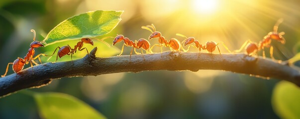 Red ants working as a team to transport green leaves on a branch, focusing on cooperation in nature, with sunlight highlighting the ants collective effort