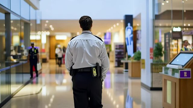 Rear View Of A Security Guard Standing Inside A Modern Shopping Mall Corridor With Soft Lighting Clean White And Beige Interior Design Uniformed Personnel Maintaining Safety And Protecting Visitors