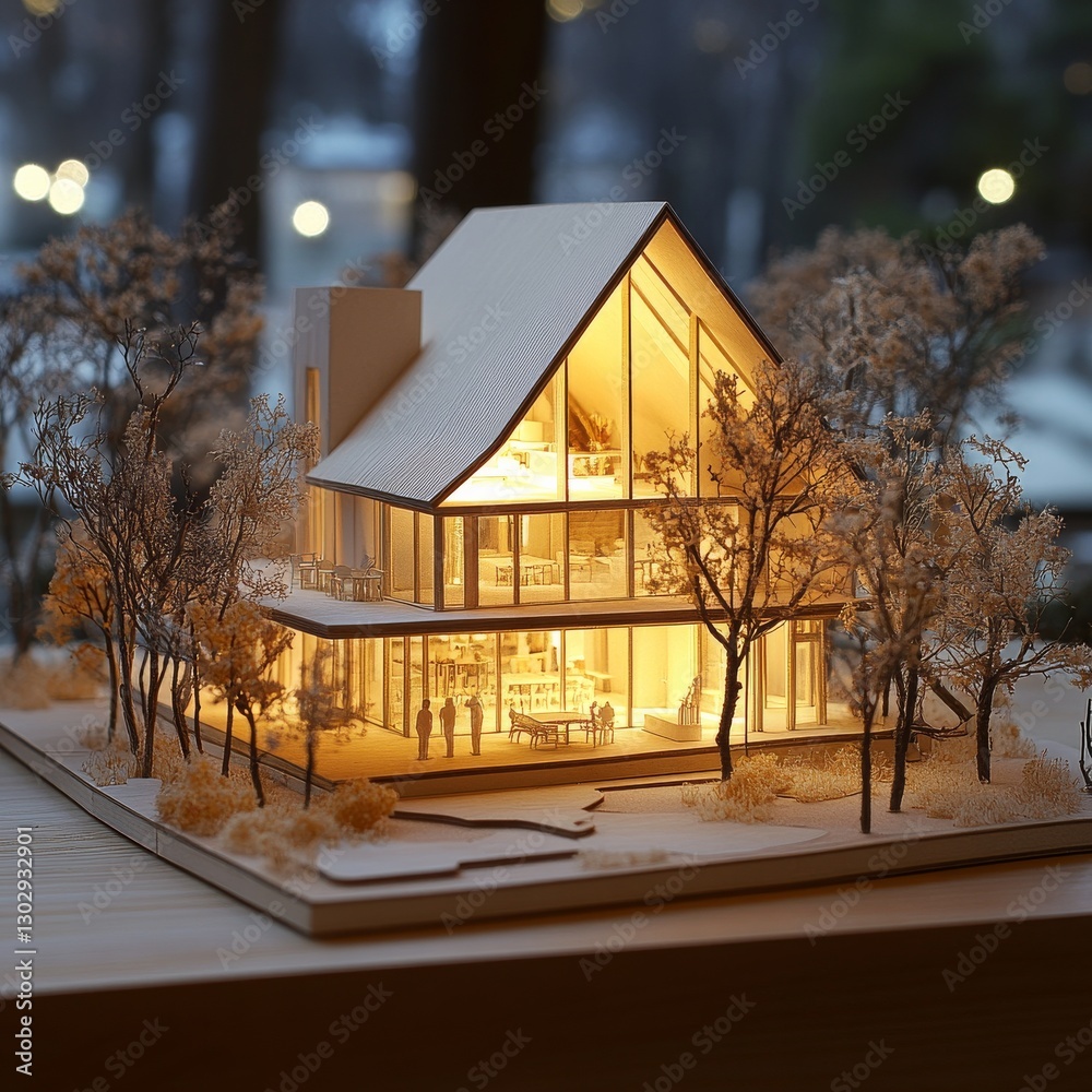 Aufkleber Modern Architectural Model: A Glimpse into Design and Imagination with Warm Illumination and Detailed Landscaping.