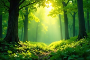 Obraz premium Sunlit Path Through a Verdant Forest, Illuminated by Golden Rays of Morning Sunlight, Creating a Serene and Tranquil Atmosphere