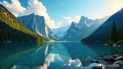 Fototapeta premium Serene mountain lake reflecting majestic peaks and lush evergreen forests under a vibrant sky