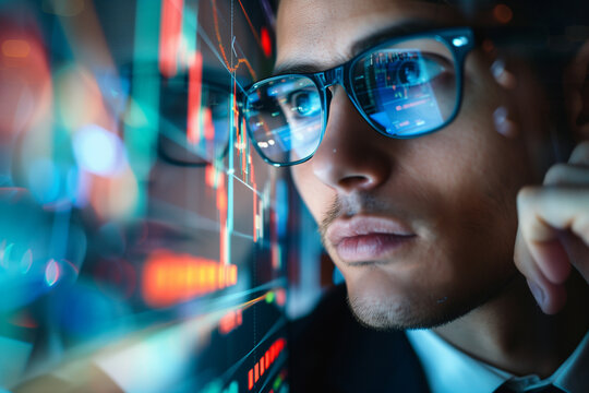 A professional examining financial data on a transparent screen, displaying market charts and trends. Represents technology-driven finance, analytics, and the modern trading environment.