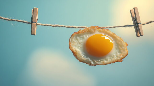 Fried egg hanging on a clothesline with wooden clothespins against a blue sky background, symbolizing a quirky and playful concept of food in an unconventional setting.