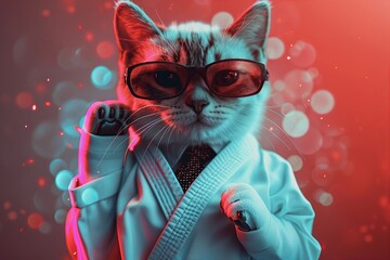 Dynamic Young Man Practicing Karate in White Kimono Collage on Vibrant Blue-Red Background with Neon Elements: Sport Advertisement Concept