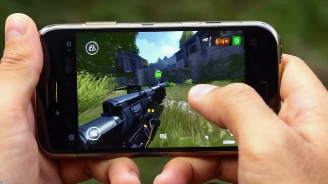A person is holding a cell phone and playing a game. The game is a first person shooter and the player is using a gun