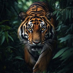 Tiger's Intense Stare Through Lush Greenery: A Majestic Portrait of the Jungle's Apex Predator in its Habitat.