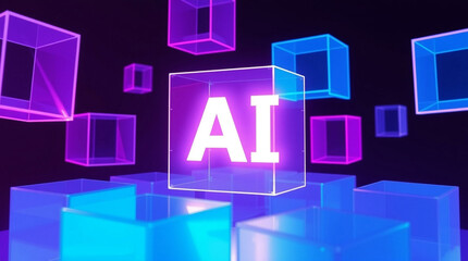 AI abstract background with glowing neon cubes and bright light effects. Futuristic technology concept with digital elements and vibrant colors.