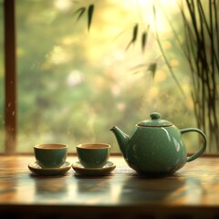 Serene Tea Time: Green Teapot and Cups on a Wooden Table with a Soft, Sunny Background for a Relaxing and Tranquil Atmosphere