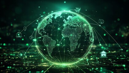 Obraz premium A glowing green globe representing the interconnected world, with icons for home, person, and chart illustrating global network connections and information flow in a modern design