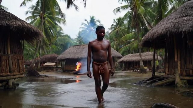 A man is walking through a flooded area with a hut in the background. The hut is made of straw and has a fire burning in it. The man is barefoot and he is walking through the water. The scene is dark