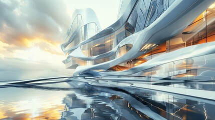 Stunning Modern Building Overlooking Reflective Water at Sunset