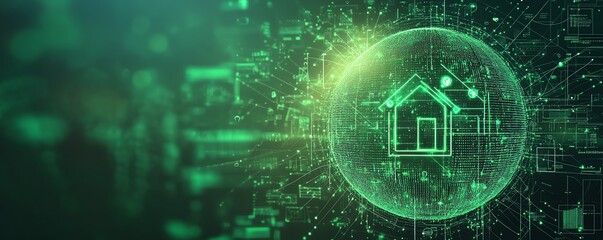 A glowing green globe representing the global interconnected network, with digital connections, home and person icons, and flowing information in a modern tech style