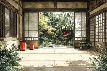 Tranquil Japanese House Entrance Garden View