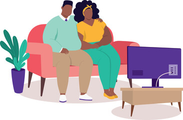 Plus Size Black Couple Sitting On Couch Side By Side With Arm Around Watching TV Together In The Living Room At Home.