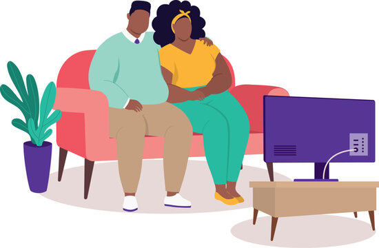 Plus Size Black Couple Sitting On Couch Side By Side With Arm Around Watching TV Together In The Living Room At Home.