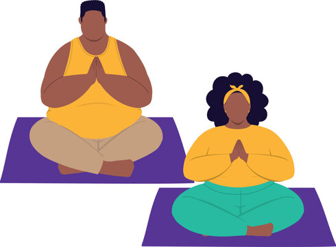 Overweight Black Couple In Activewear Sitting On Mat With Legs Crossed While Practicing Yoga In A Prayer Pose.