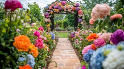 Obraz premium Walking the Flower Path Stunning Garden Archway with Colorful Blooms