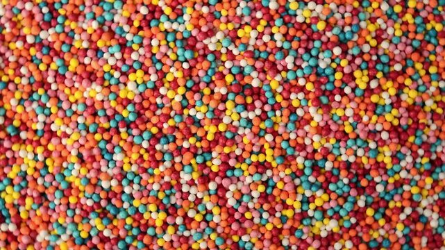 Round colorful confectionery sprinkles rotating. Top view. Baking decoration.