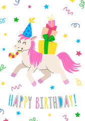 Obraz premium Birthday kids greeting card with unicorn in party hat, party horn and gifts on the back. Party invitation or holiday greeting design template.